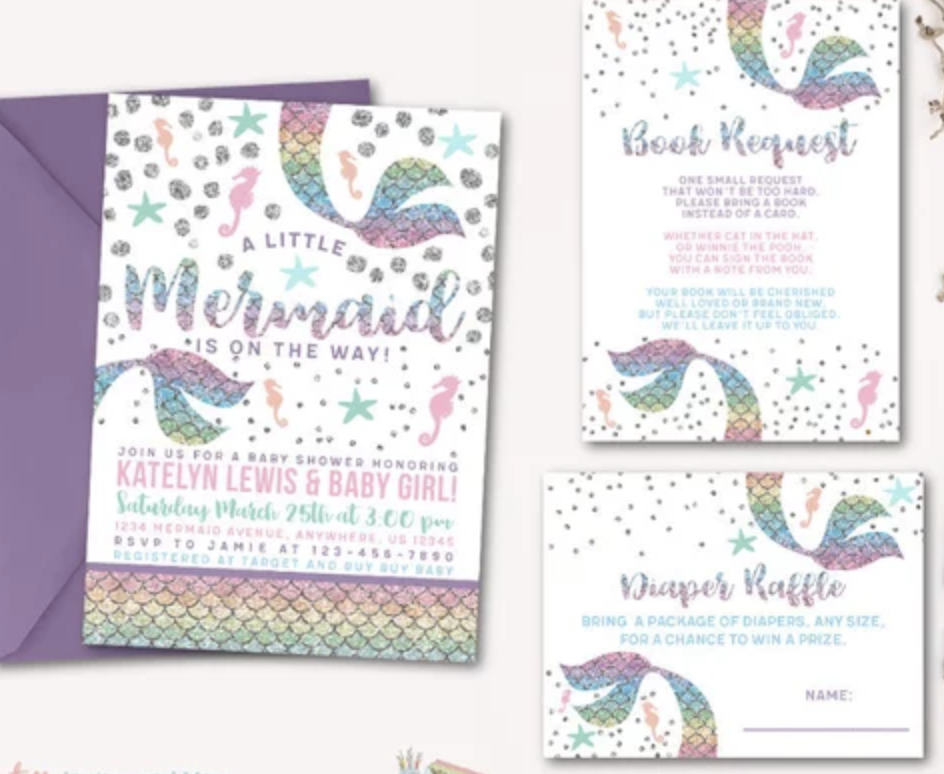 Purple and Teal Mermaid Books for Baby Bring a Book Insert Under the Sea Shower Mermaid Baby Shower Book Request Glitter Mermaid